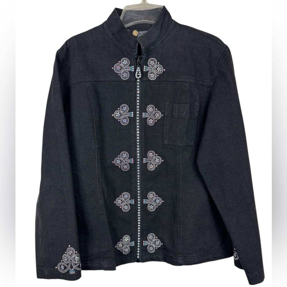Christine Alexander Black Swarovski embellished Zip up denim jacket L